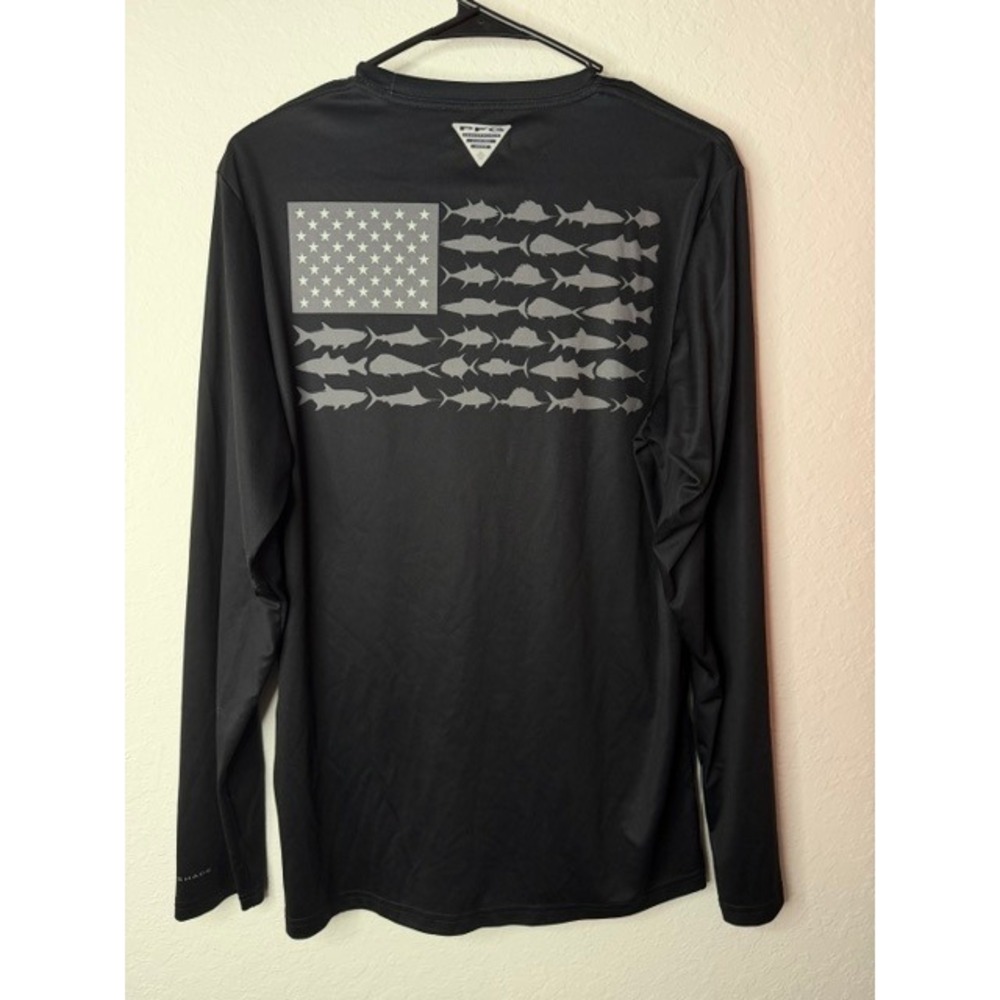 Columbia PFG Men Black Long Sleeve Fish Flag Graphic Fishing Shirt Small